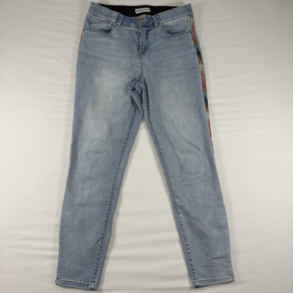Knox Rose Embroidered Stripe Skinny Jeans Women 8 Light Wash Stretch Boho